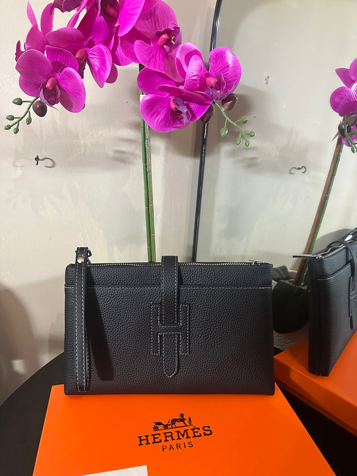 Hermes black leather wristlet