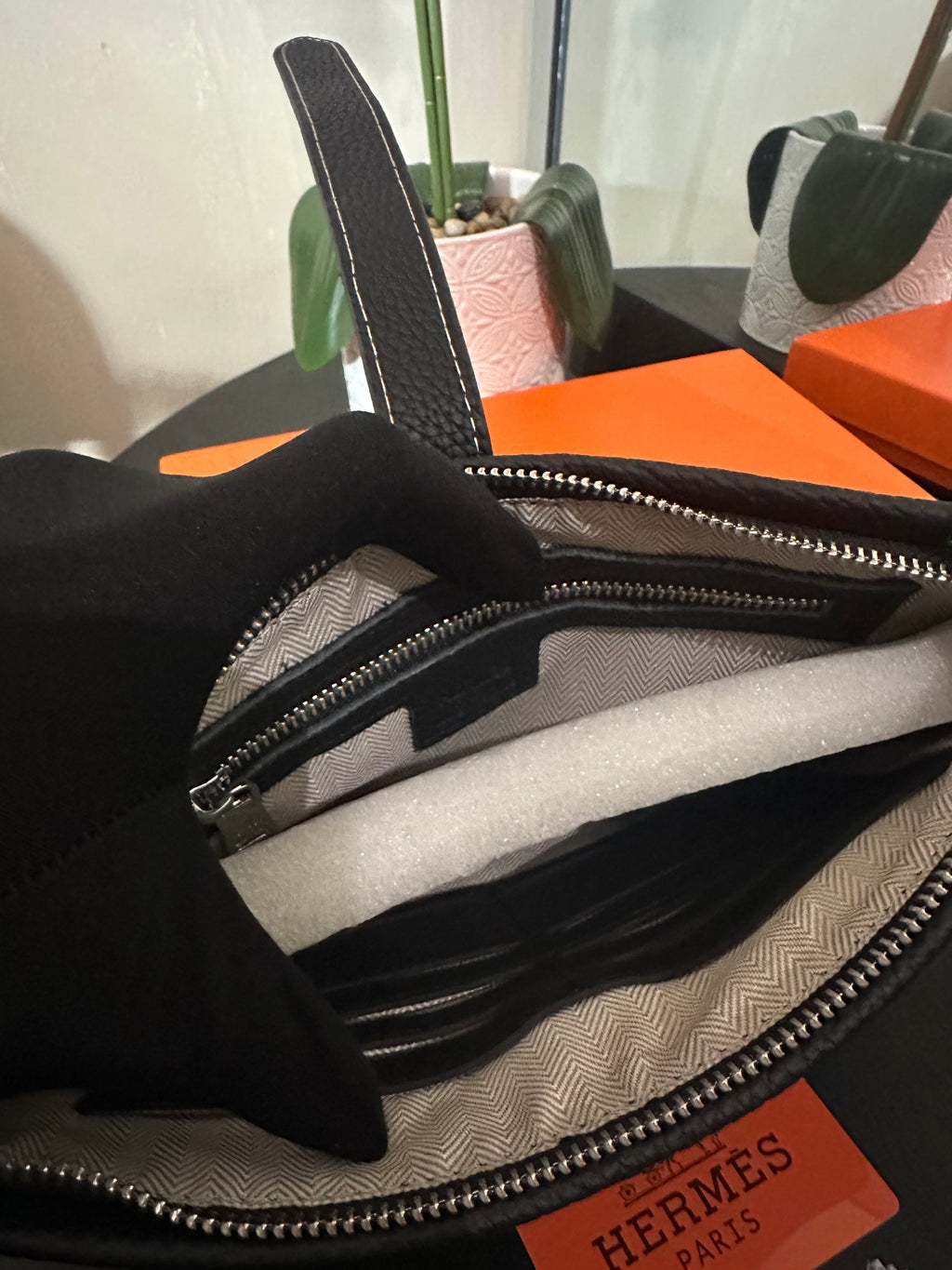 Hermes black leather wristlet