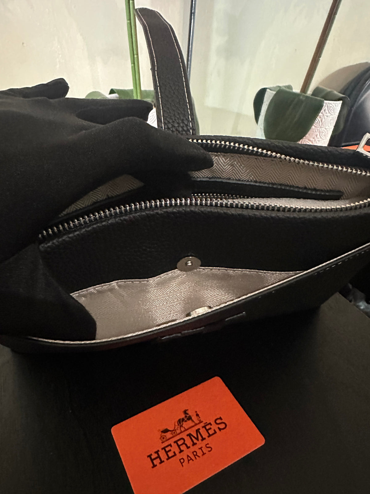 Hermes black leather wristlet