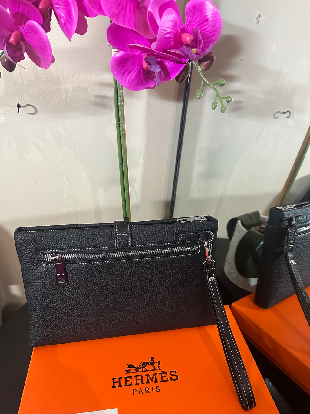 Hermes black leather wristlet