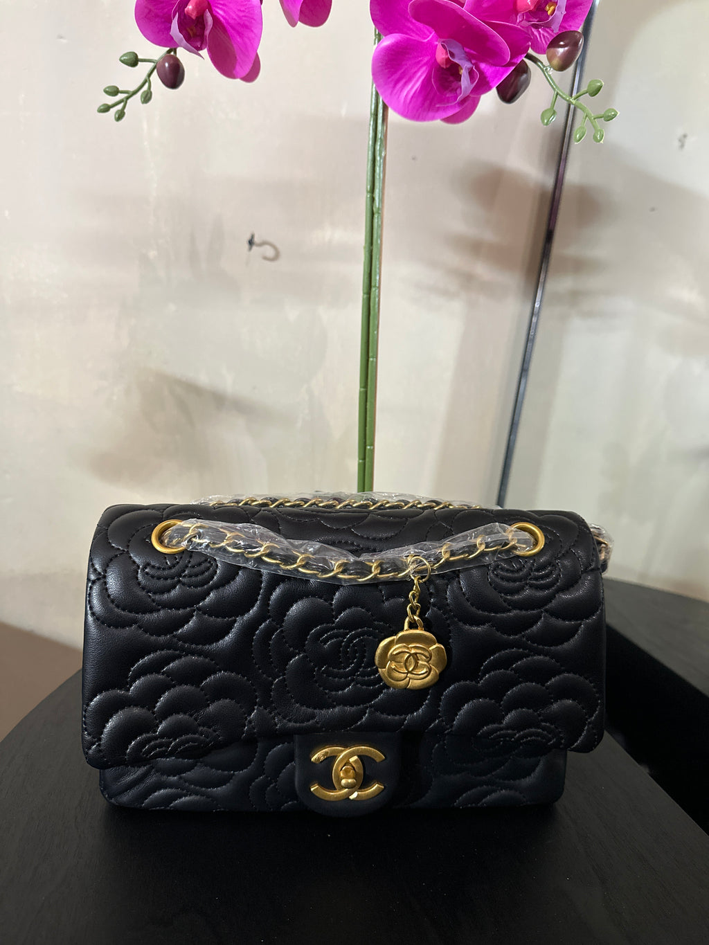 Chanel flap rose purse black